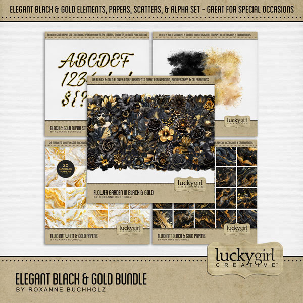 Elegant Black & Gold Bundle Digital Art - Digital Scrapbooking Kits