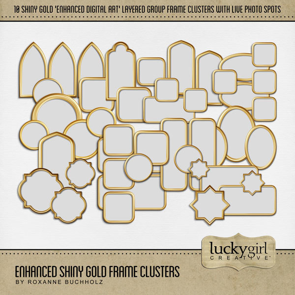 Enhanced Shiny Gold Frame Clusters Digital Art - Digital Scrapbooking Kits