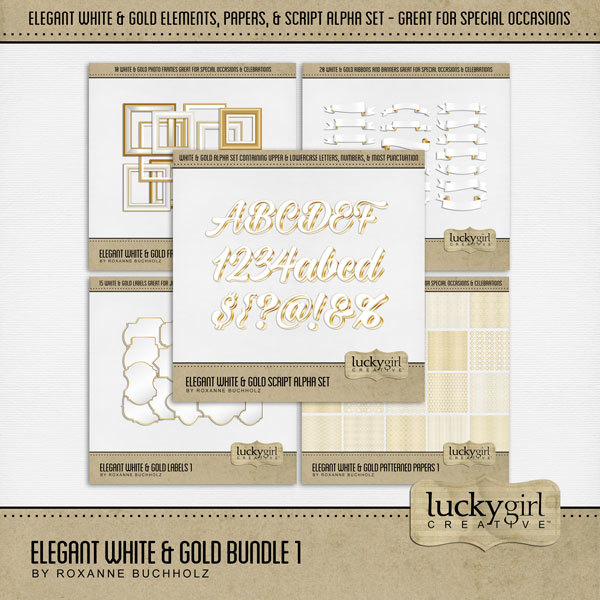 Elegant White & Gold Bundle Digital Art - Digital Scrapbooking Kits