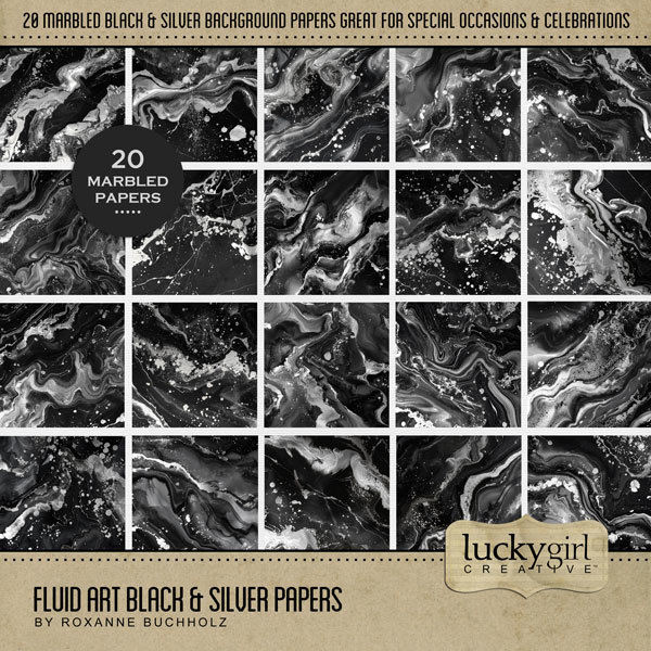 Fluid Art Black & Silver Papers Digital Art - Digital Scrapbooking Kits