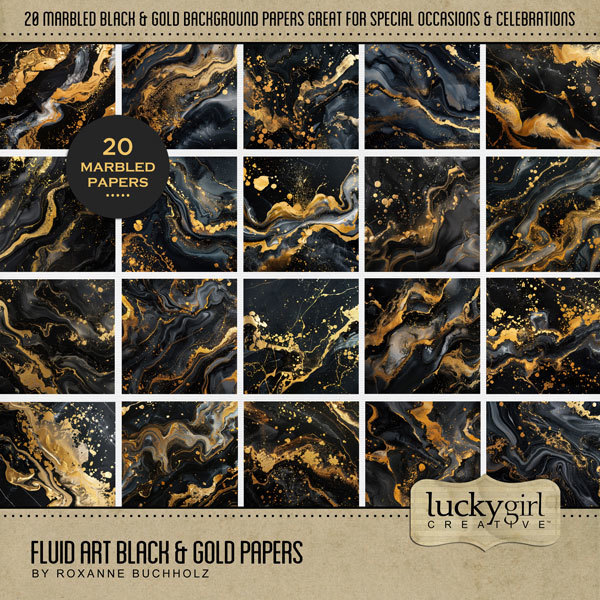 Fluid Art Black & Gold Papers Digital Art - Digital Scrapbooking Kits