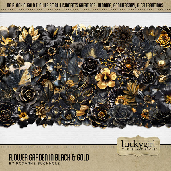 Flower Garden in Black & Gold Digital Art - Digital Scrapbooking Kits