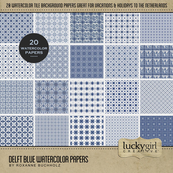 Delft Blue Watercolor Papers Digital Art - Digital Scrapbooking Kits