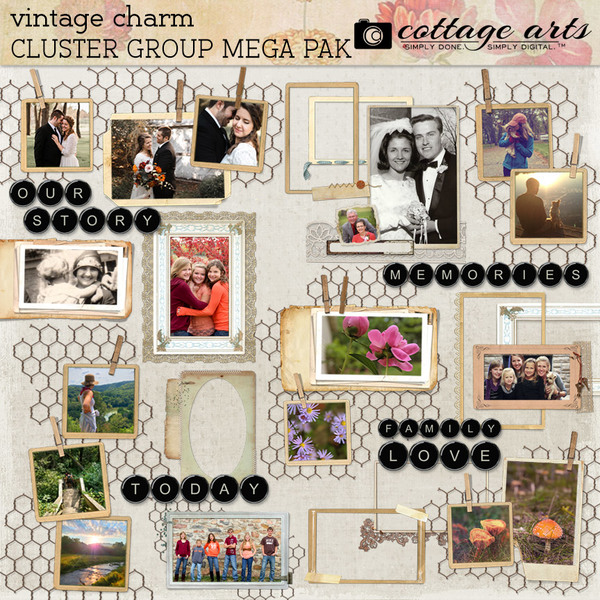 Vintage Charm Cluster Group Mega Pak Digital Art - Digital Scrapbooking Kits