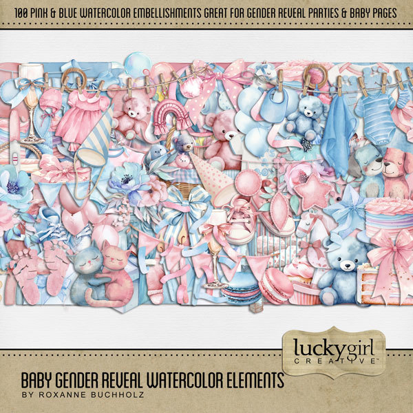 Baby Gender Reveal Watercolor Elements Digital Art - Digital Scrapbooking Kits