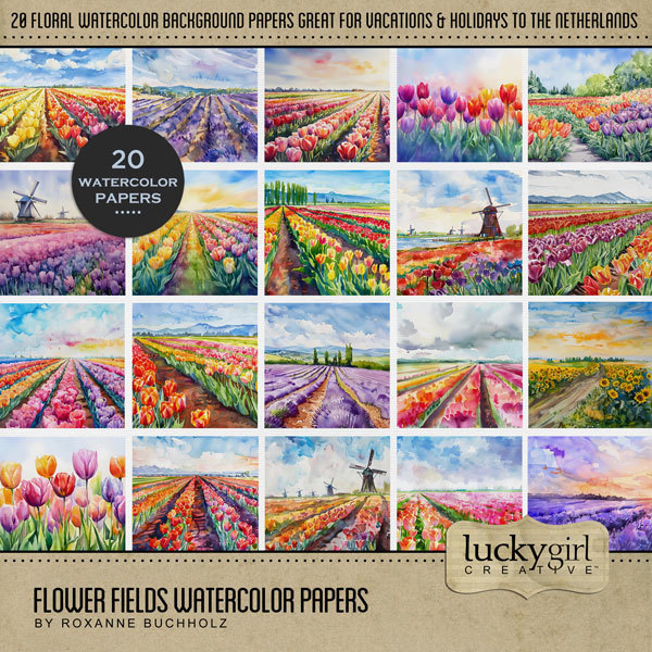 Flower Fields Watercolor Papers Digital Art - Digital Scrapbooking Kits
