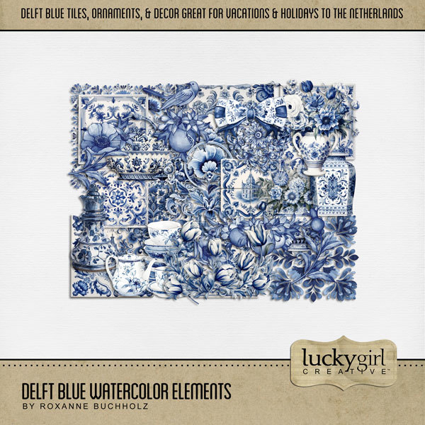 Delft Blue Watercolor Elements Digital Art - Digital Scrapbooking Kits