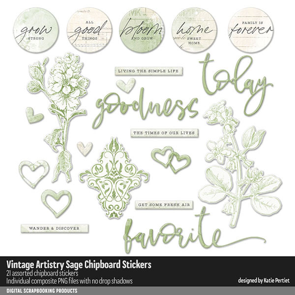 Vintage Artistry Sage Chipboard Stickers Digital Art - Digital Scrapbooking Kits