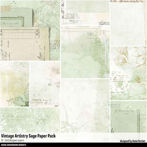 Vintage Artistry Sage Paper Pack Digital Art - Digital Scrapbooking Kits