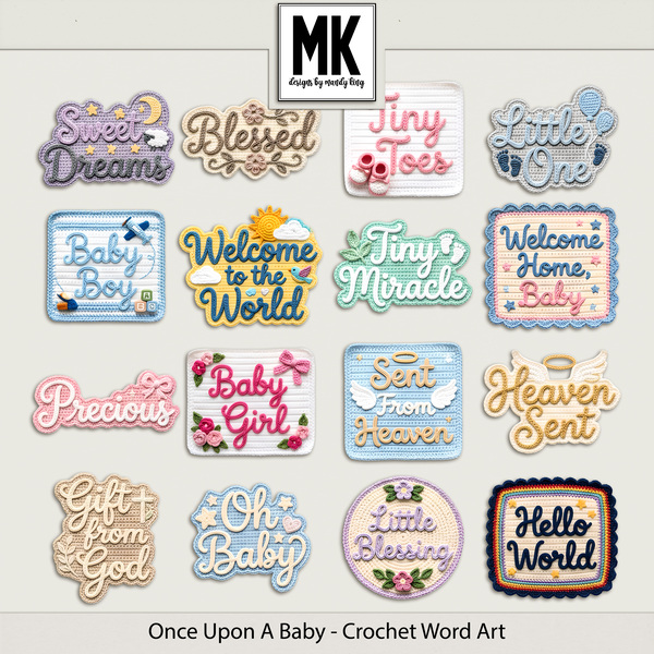Once Upon A Baby - Crocheted Word Art Digital Art - Digital Scrapbooking Kits