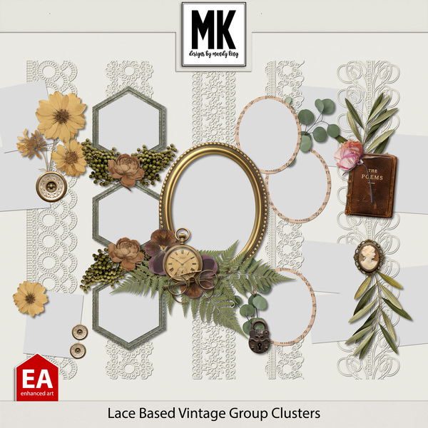 Lace Based Vintage Group Clusters Digital Art - Digital Scrapbooking Kits