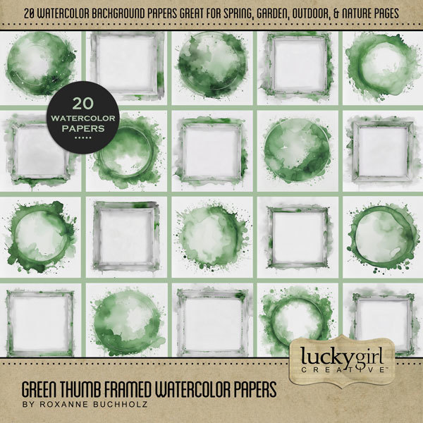 Green Thumb Framed Watercolor Papers Digital Art - Digital Scrapbooking Kits