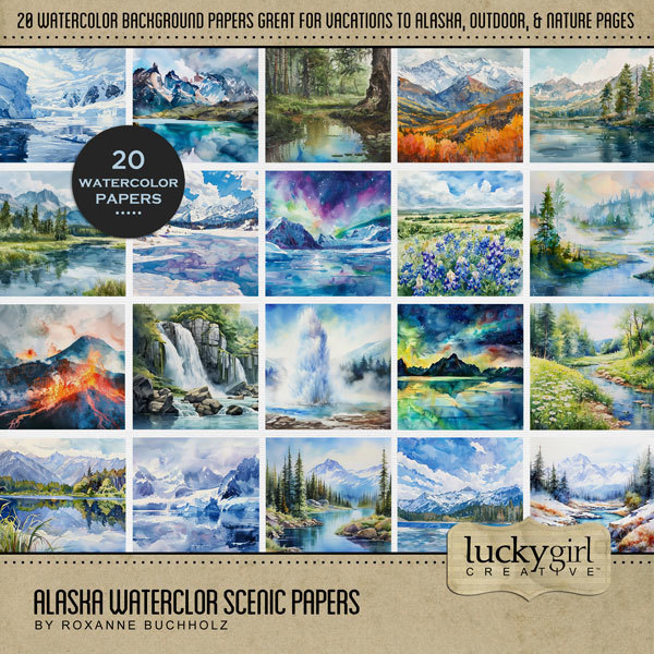 Alaska Waterclor Scenic Papers Digital Art - Digital Scrapbooking Kits