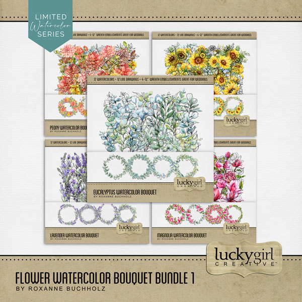 Flower Watercolor Bouquet Bundle 1 Digital Art - Digital Scrapbooking Kits