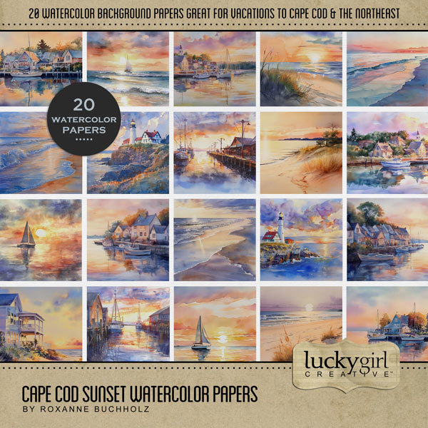 Cape Cod Sunset Watercolor Papers Digital Art - Digital Scrapbooking Kits