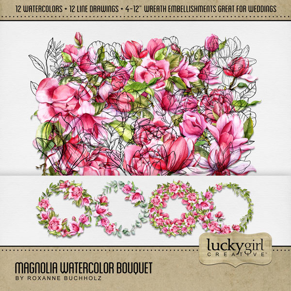 Magnolia Watercolor Bouquet Digital Art - Digital Scrapbooking Kits