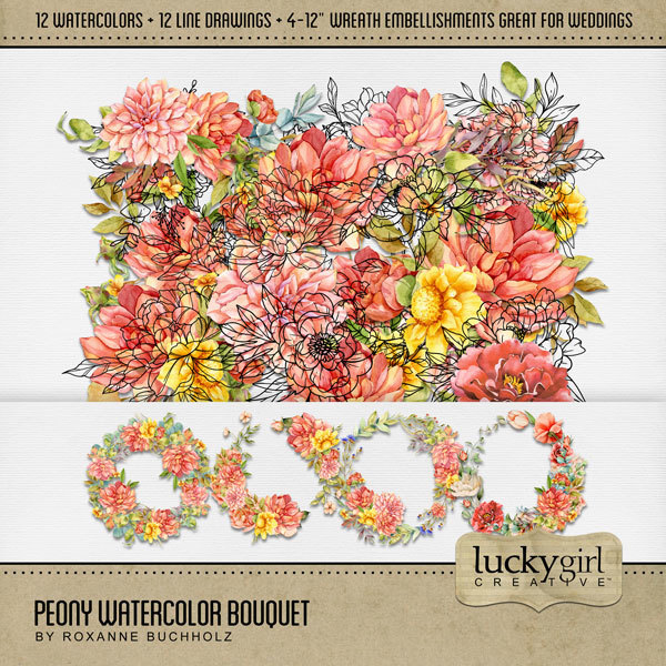 Peony Watercolor Bouquet Digital Art - Digital Scrapbooking Kits