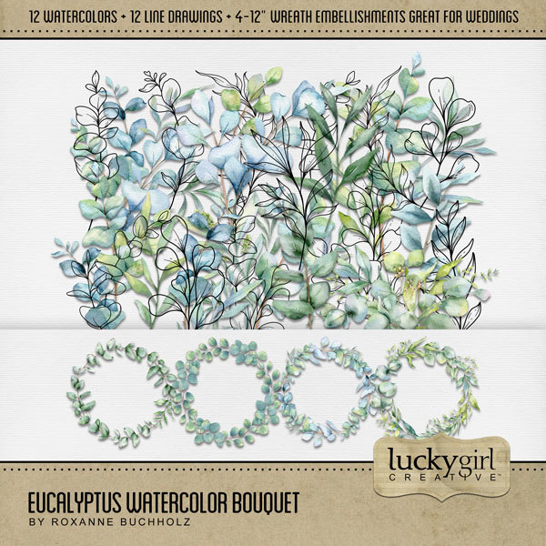 Eucalyptus Watercolor Bouquet Digital Art - Digital Scrapbooking Kits