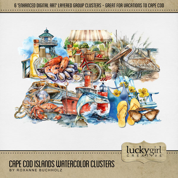 Cape Cod Islands Watercolor Clusters Digital Art - Digital Scrapbooking Kits