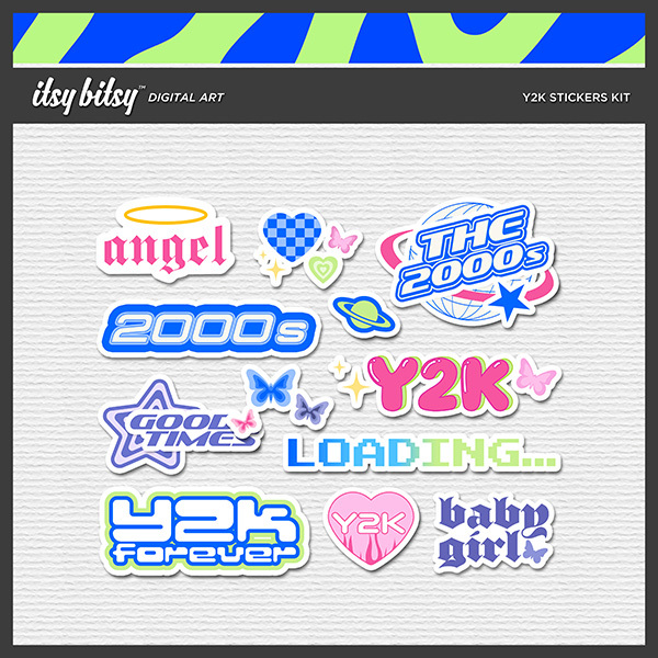 Y2K Stickers Kit Digital Art - Digital Scrapbooking Kits