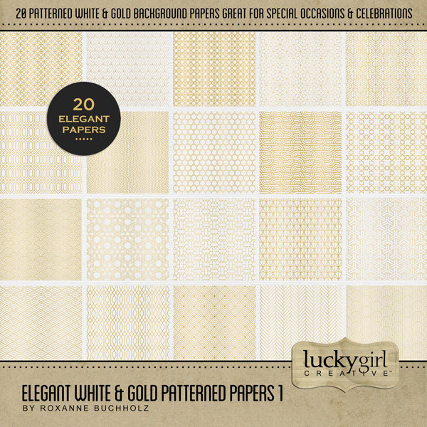 Elegant White & Gold Patterned Papers 1 Digital Art - Digital Scrapbooking Kits