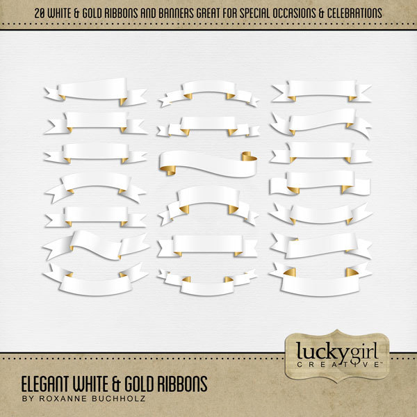 Elegant White & Gold Ribbons Digital Art - Digital Scrapbooking Kits