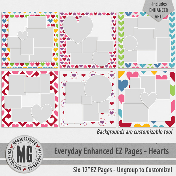 Everyday Enhanced EZ Pages - Hearts Digital Art - Digital Scrapbooking Kits