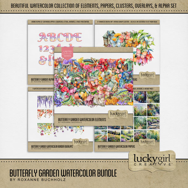 Butterfly Garden Watercolor Bundle Digital Art - Digital Scrapbooking Kits