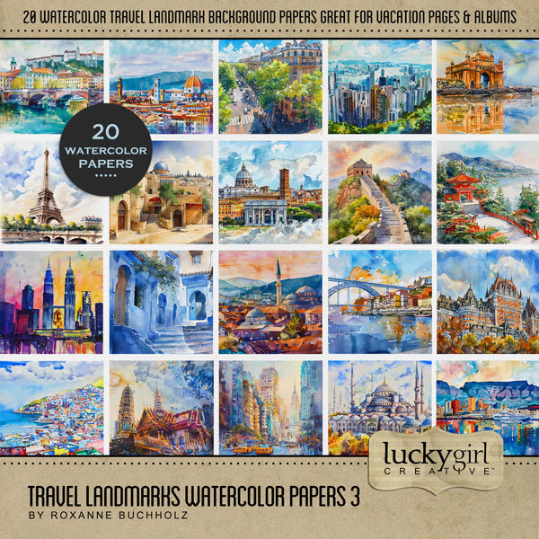 Travel Landmarks Watercolor Papers 3 Digital Art - Digital Scrapbooking Kits