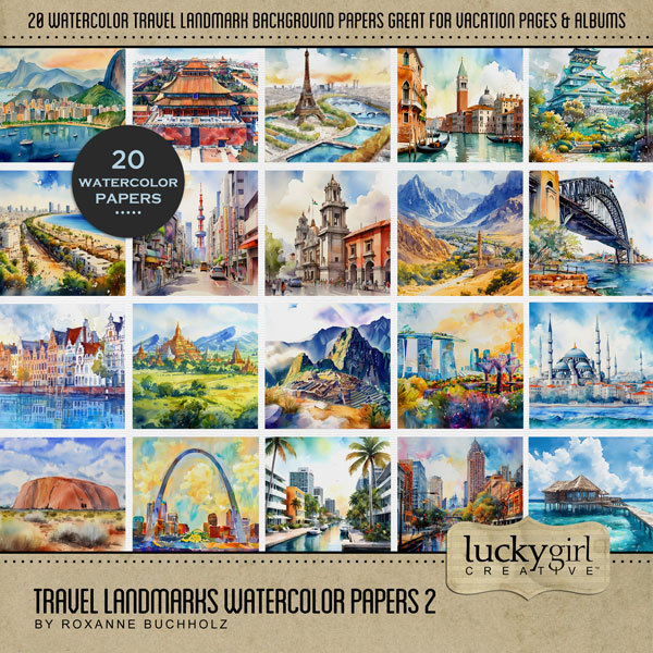 Travel Landmarks Watercolor Papers 2 Digital Art - Digital Scrapbooking Kits