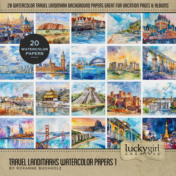 Travel Landmarks Watercolor Papers 1 Digital Art - Digital Scrapbooking Kits
