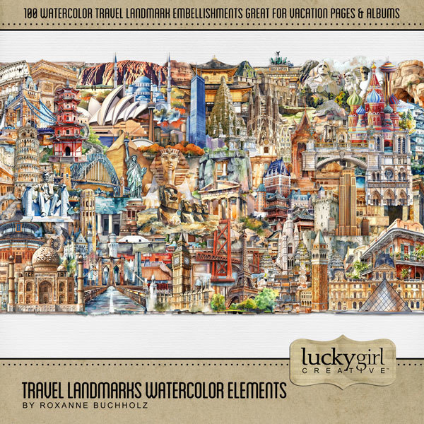 Travel Landmarks Watercolor Elements Digital Art - Digital Scrapbooking Kits