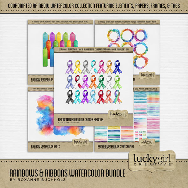 Rainbows & Ribbons Watercolor Bundle Digital Art - Digital Scrapbooking Kits
