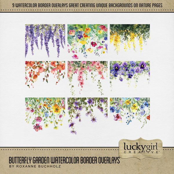 Butterfly Garden Watercolor Border Overlays Digital Art - Digital Scrapbooking Kits