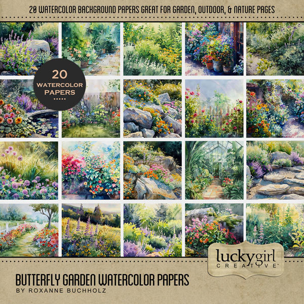 Butterfly Garden Watercolor Papers Digital Art - Digital Scrapbooking Kits