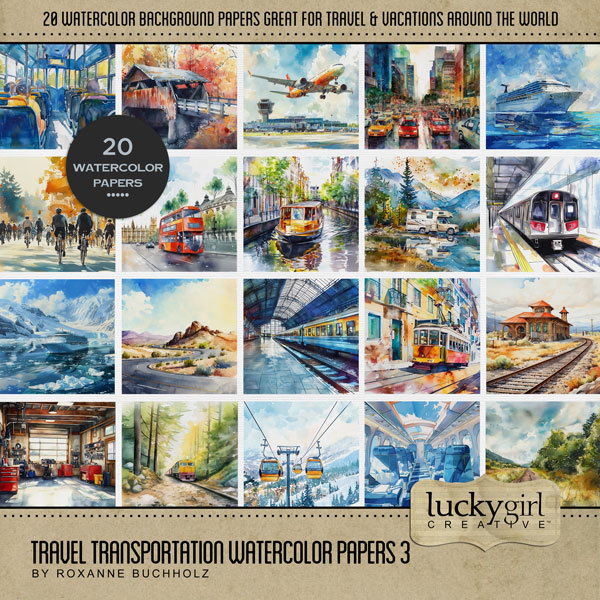 Travel Transportation Watercolor Papers 3 Digital Art - Digital Scrapbooking Kits