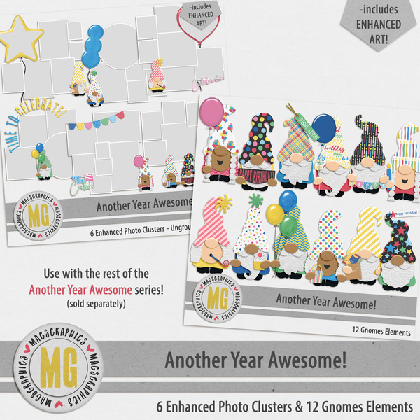 Another Year Awesome Enhanced Photo Clusters & Gnomes Digital Art - Digital Scrapbooking Kits