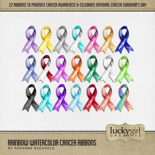 Rainbow Watercolor Cancer Ribbons Digital Art - Digital Scrapbooking Kits