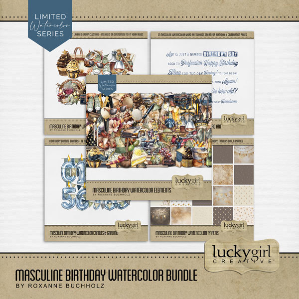 Masculine Birthday Watercolor Bundle Digital Art - Digital Scrapbooking Kits