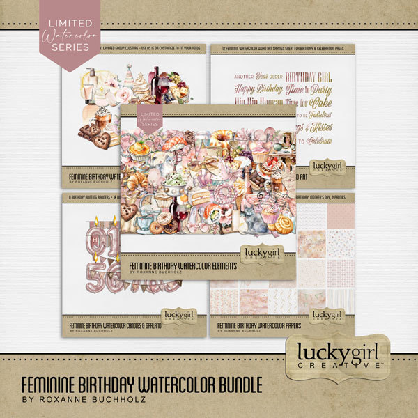 Feminine Birthday Watercolor Bundle Digital Art - Digital Scrapbooking Kits