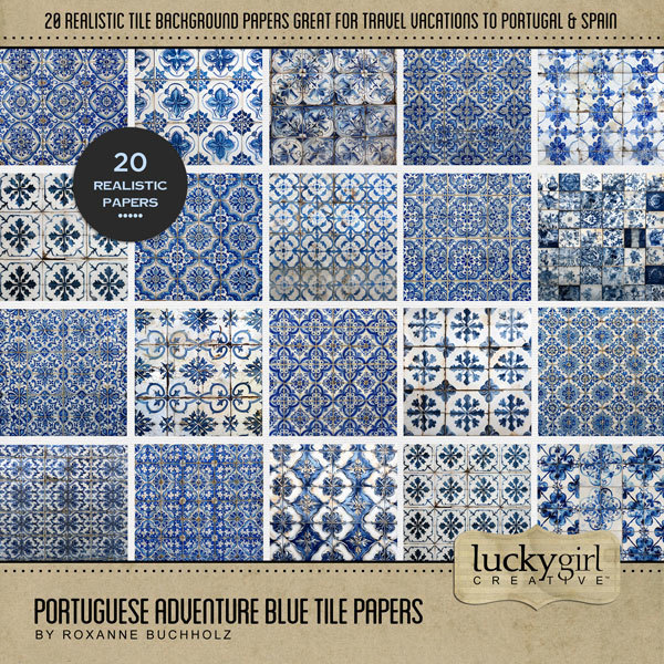 Portuguese Adventure Blue Tile Papers Digital Art - Digital Scrapbooking Kits