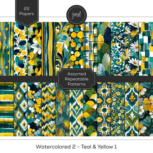Watercolored 2 - Teal & Yellow 1 Digital Art - Digital Scrapbooking Kits