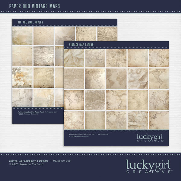 Paper Duo Vintage Maps Digital Art - Digital Scrapbooking Kits