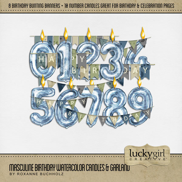 Masculine Birthday Watercolor Candles & Garland Digital Art - Digital Scrapbooking Kits