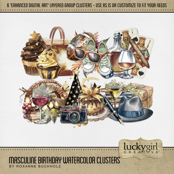 Masculine Birthday Watercolor Clusters Digital Art - Digital Scrapbooking Kits