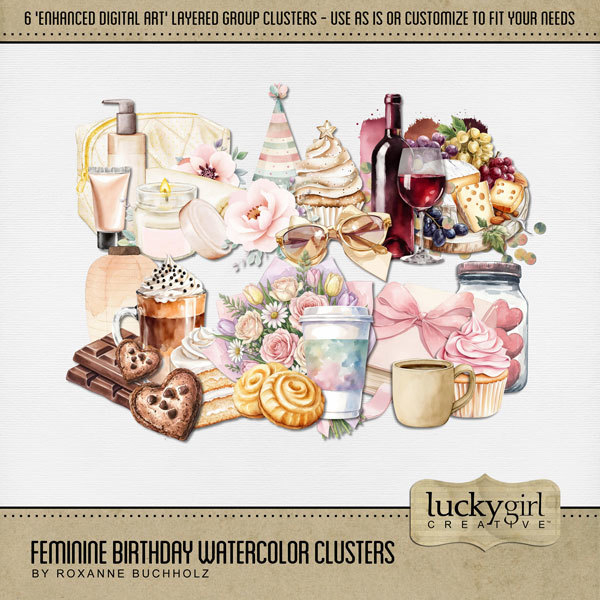 Feminine Birthday Watercolor Clusters Digital Art - Digital Scrapbooking Kits