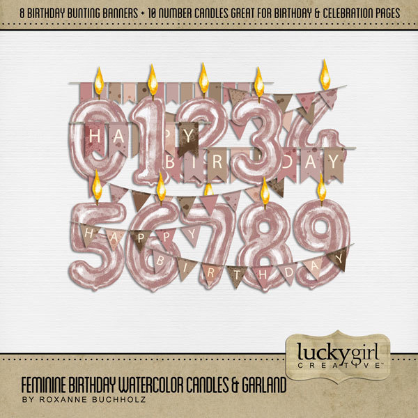 Feminine Birthday Watercolor Candles & Garland Digital Art - Digital Scrapbooking Kits