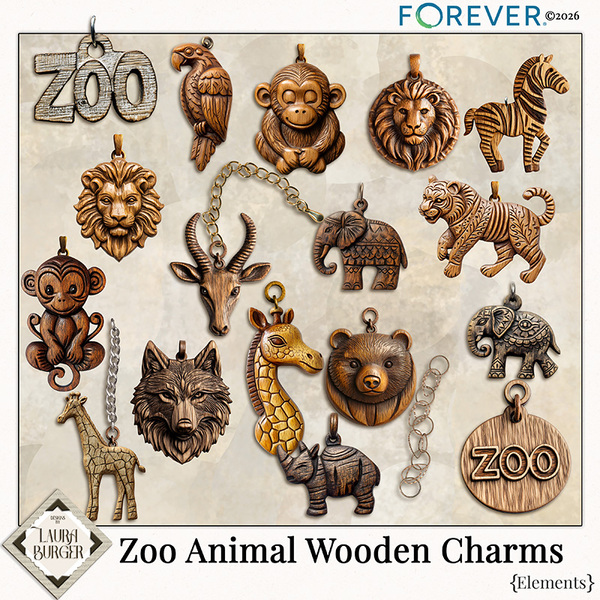 Wooden Zoo Animal Charms Digital Art - Digital Scrapbooking Kits