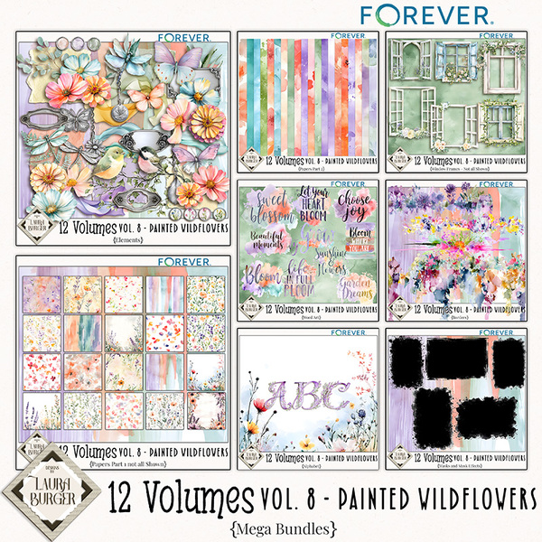 12 Volumes - Vol. 8  Painted Wildflowers Digital Art - Digital Scrapbooking Kits