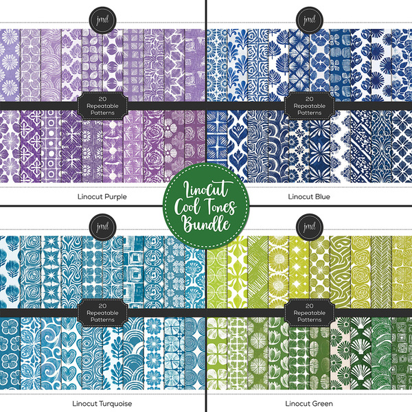 Linocut Cool Tones Bundle Digital Art - Digital Scrapbooking Kits